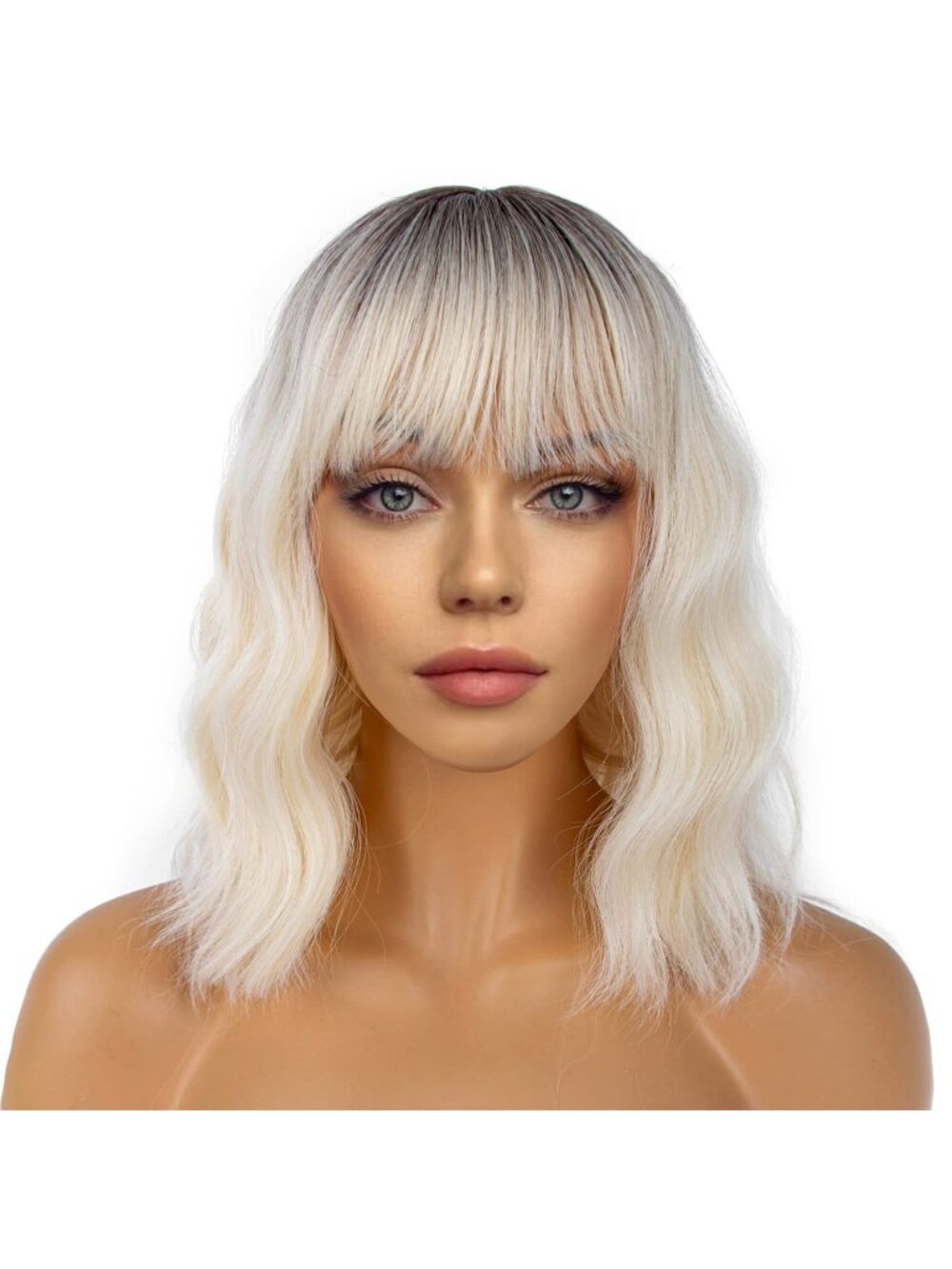 Women's Blonde Ombre Shoulder Length Synthetic Loose Wavy Short Bob Wigs Bangs